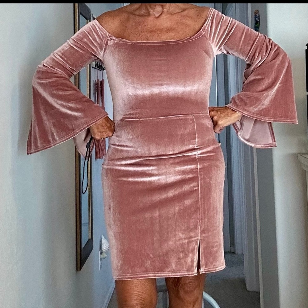 Urban Outfitters Elegant Velvet Mauve Pink Dress Bell Split Sleeves Medium NWOT